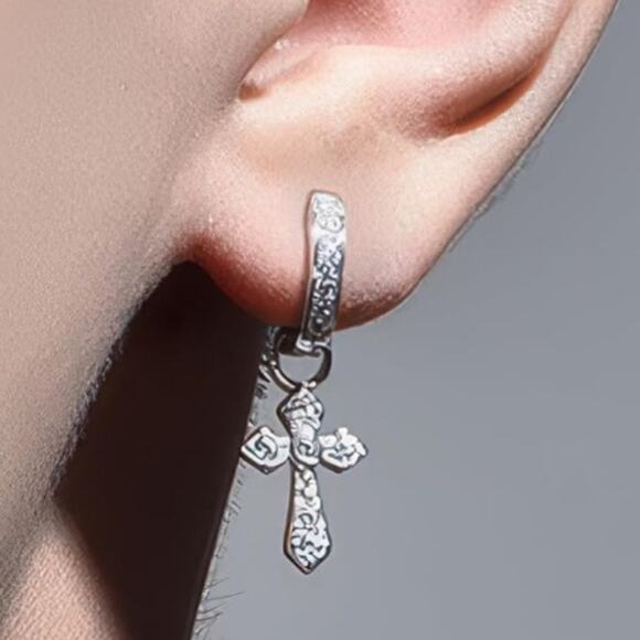 Silver Hoop Huggie Earrings with Cross Charm - Picture 2 of 4